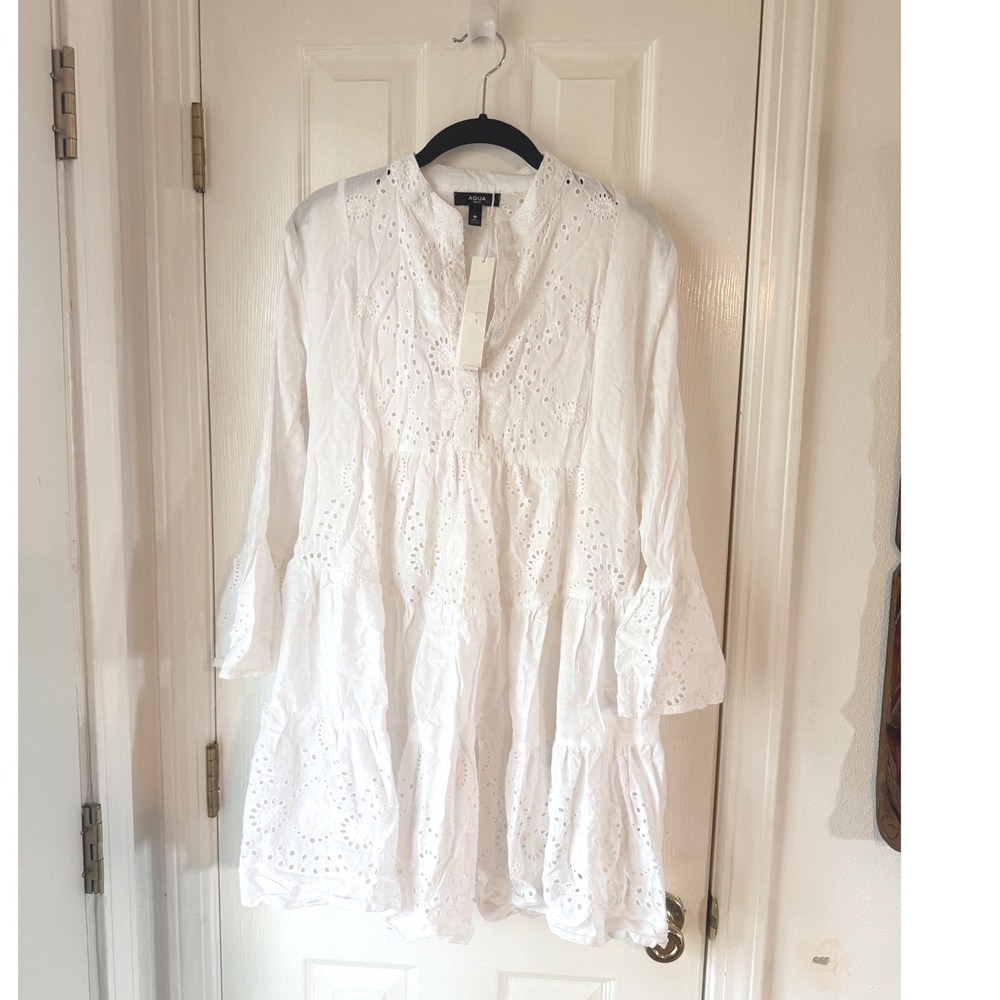 AQUA Swim White Eyelet Tiered Mini Dress Cover Up Bloomingdales Exclusive Medium